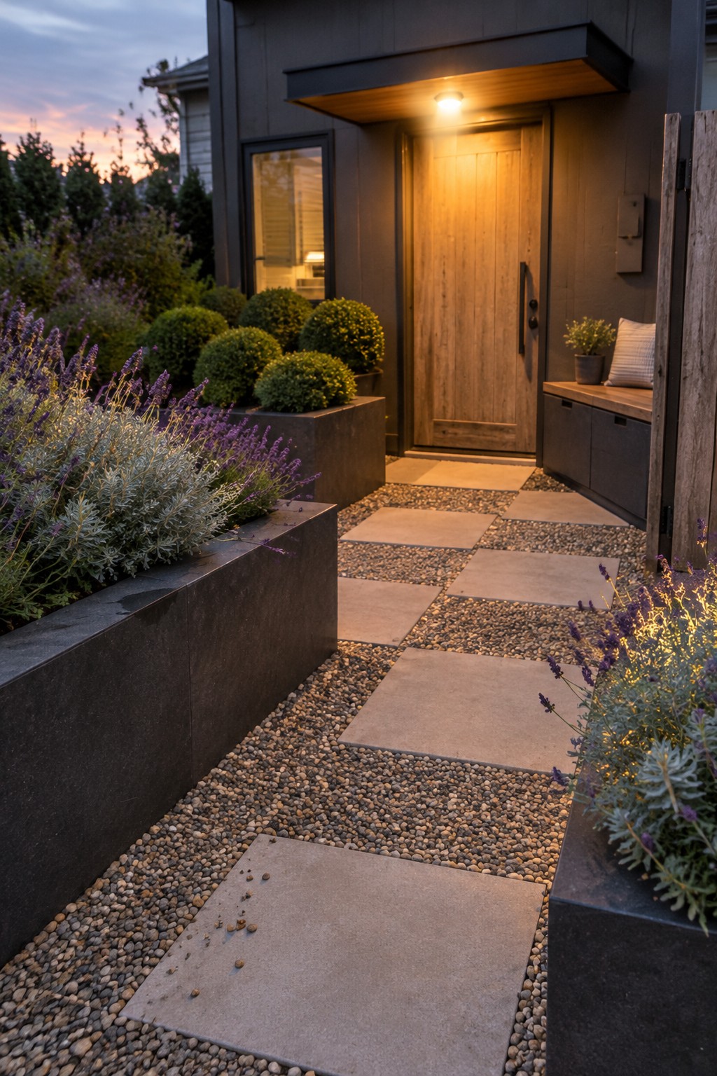 Large rectangular stepping stones cross a pebble walkway beside raised planters and lavender leading to a wooden front door.
