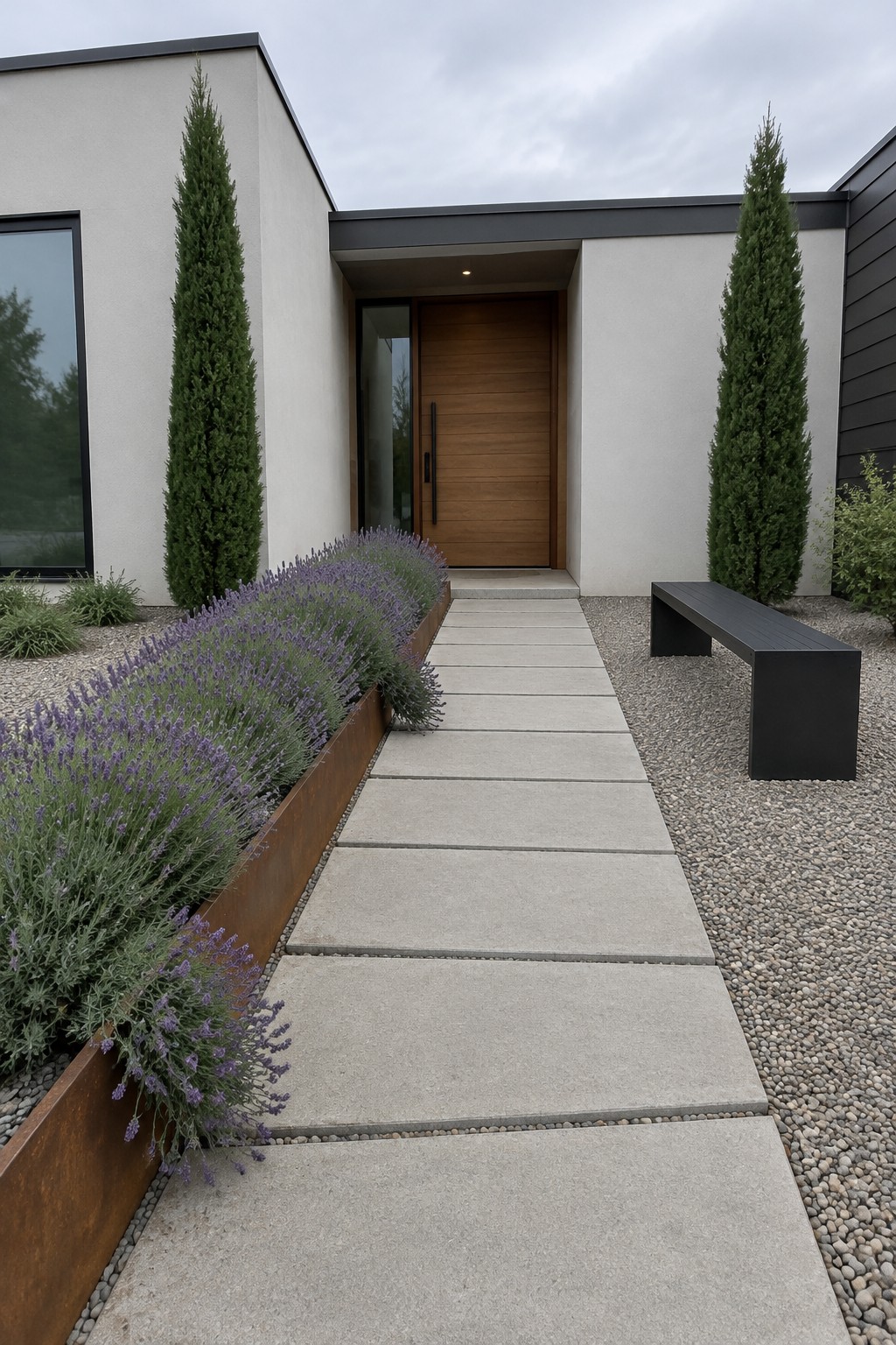 Large concrete stepping stones lead to a wooden front door beside a raised bed of purple lavender.