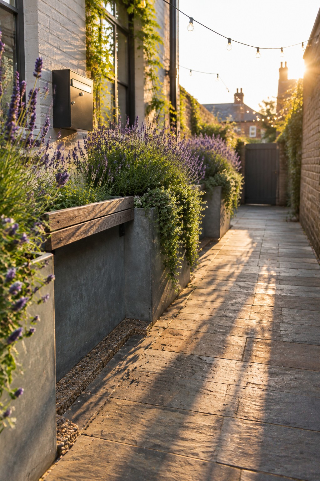 Lavender grows in raised metal planters beside a stone walkway leading to a dark gate.
