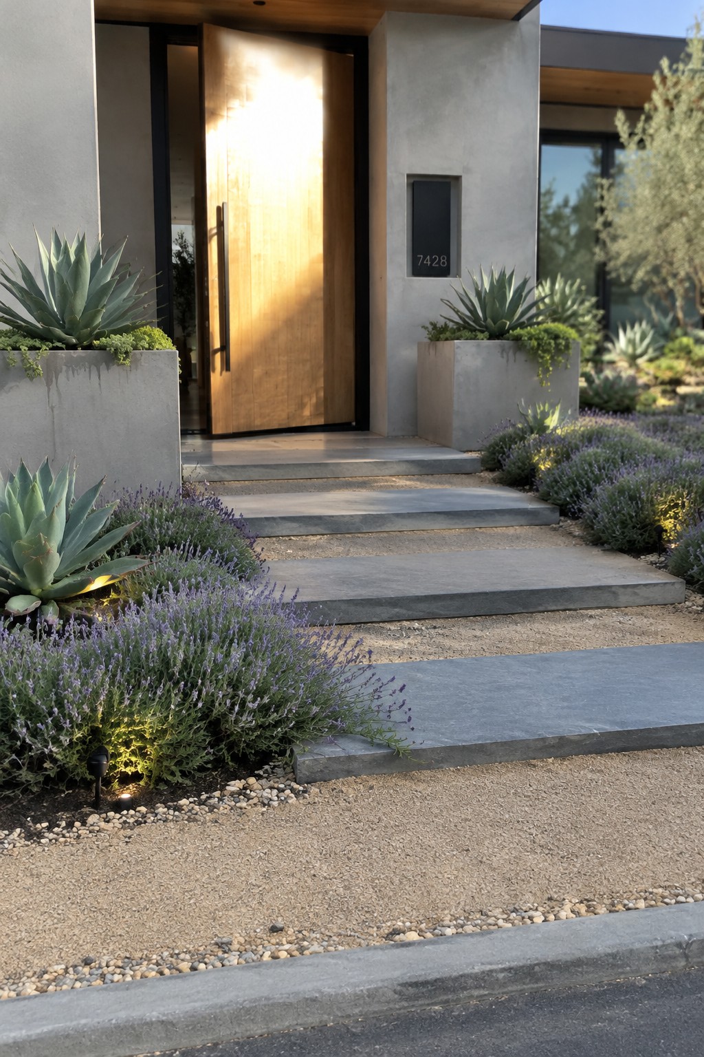 Large gray stone pavers cross a gravel path bordered by lavender and agave plants near a modern home entrance.
