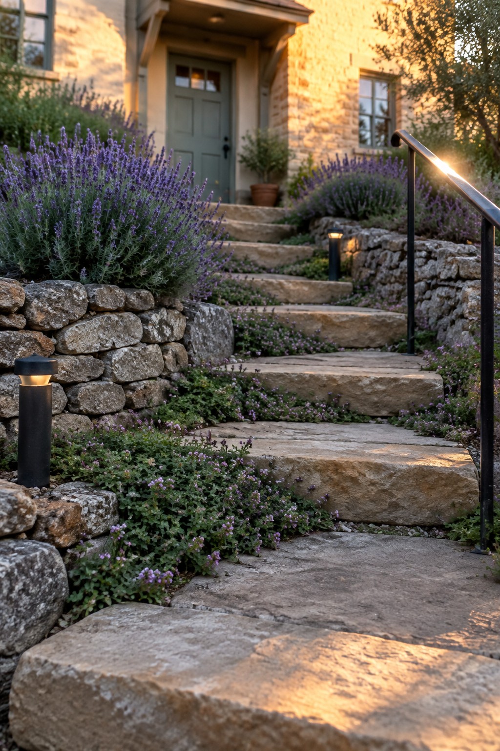 Stone steps lead up through lavender and low flowers to a house entrance, with a metal handrail and path lights.