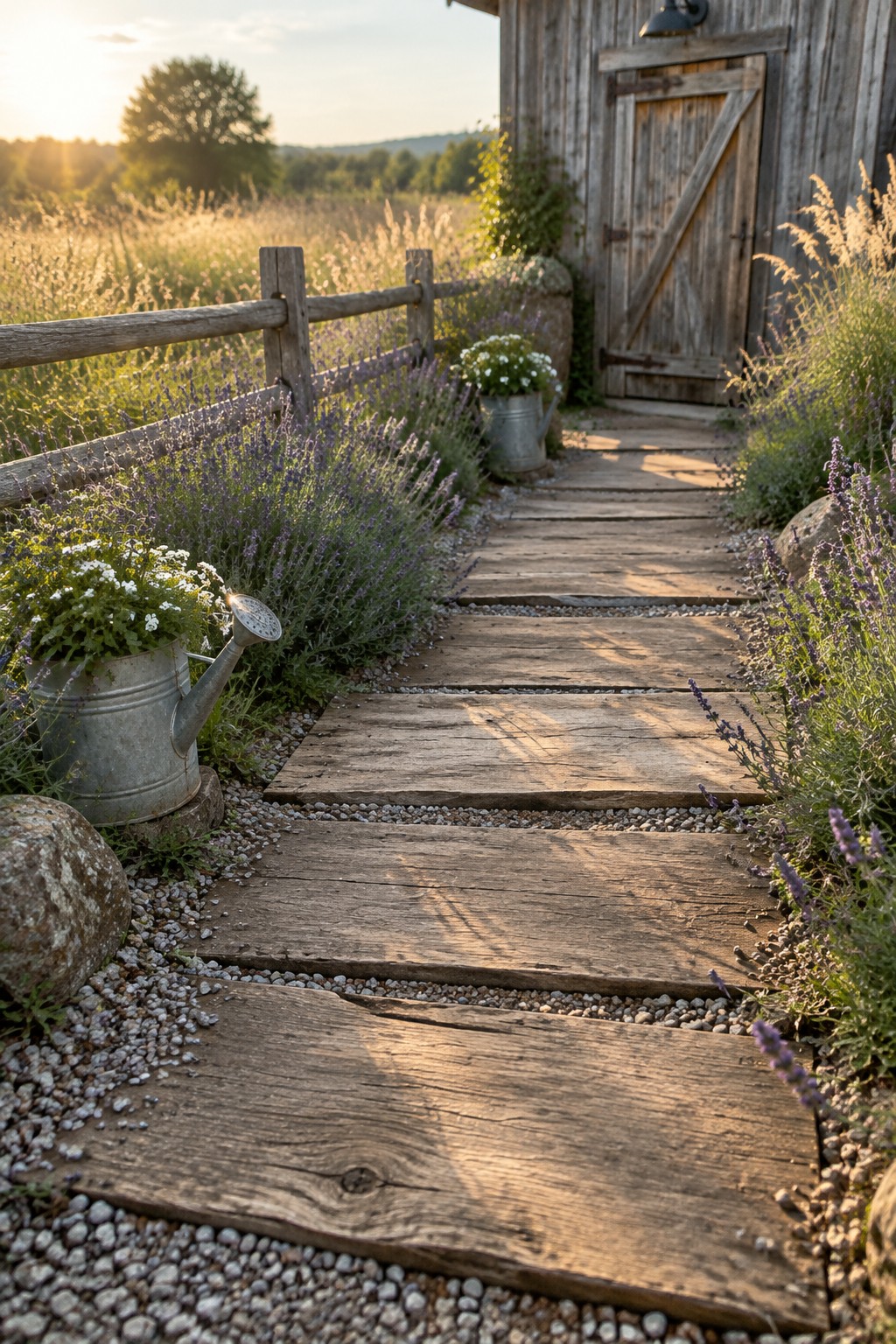 Wide timber slabs set in gravel form a path through lavender beside a wooden fence and shed.