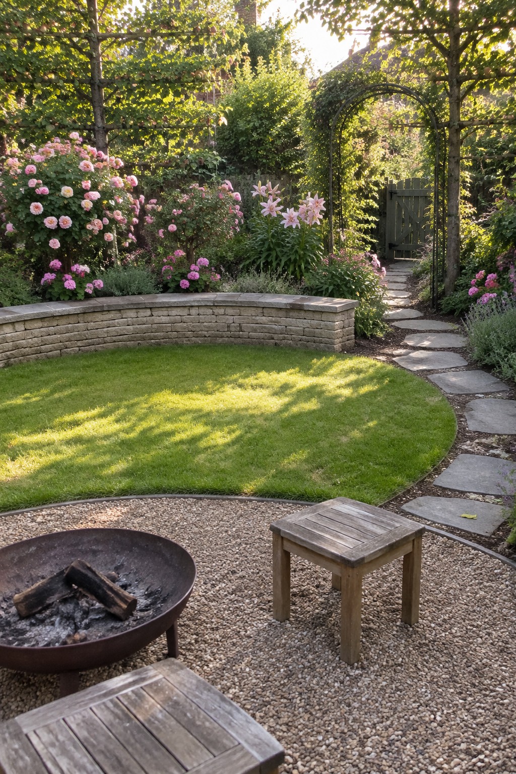 A curved low stone wall borders pink roses beside a lawn, with a stepping-stone path and fire pit nearby.