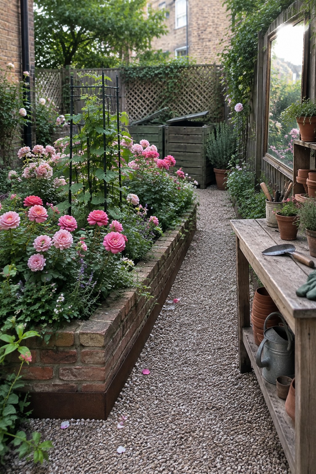 Pink roses grow in a raised brick bed beside a narrow gravel path in a small courtyard garden.