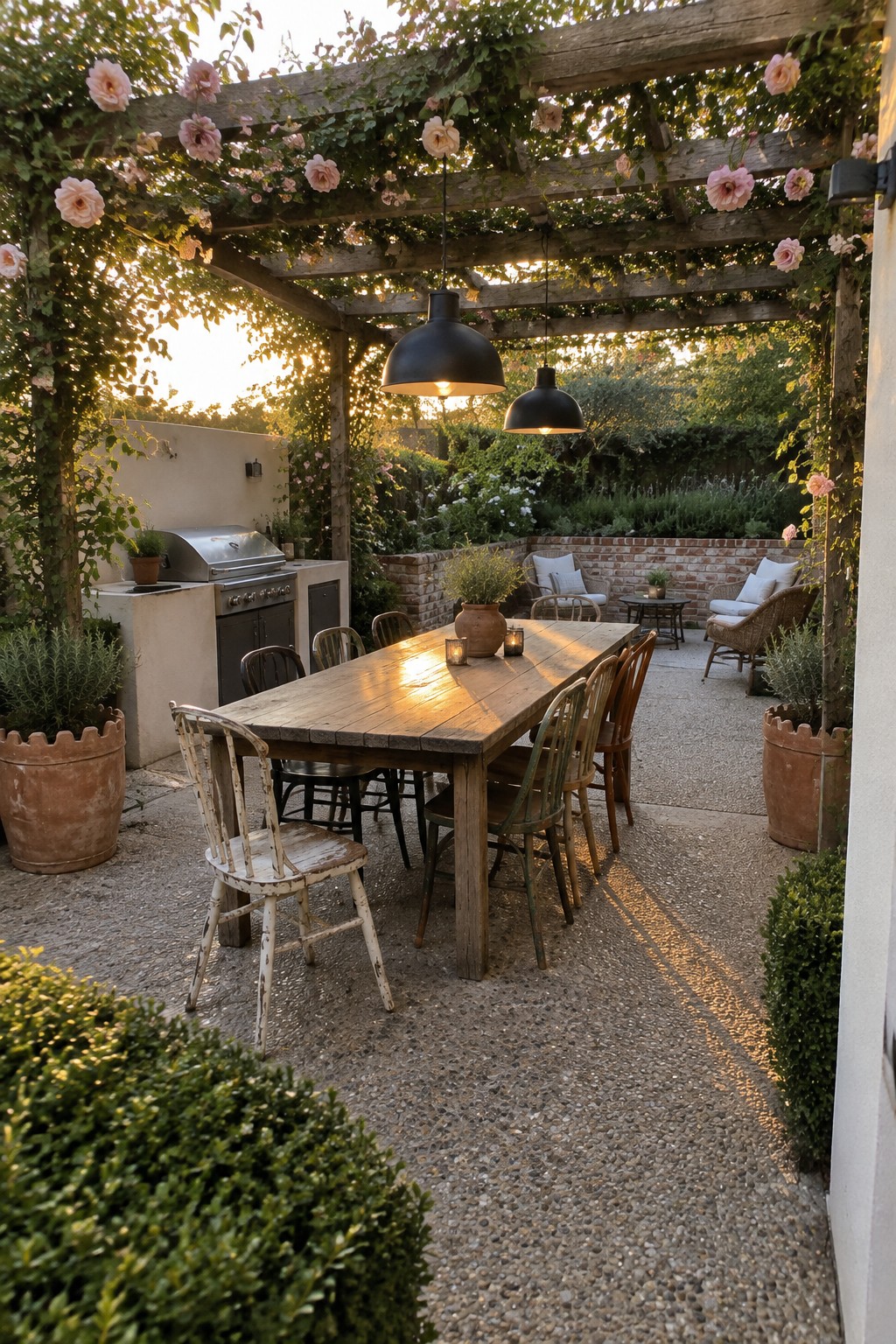 A wooden pergola covered in pink roses shades a patio dining table, with an outdoor kitchen and lounge chairs nearby.