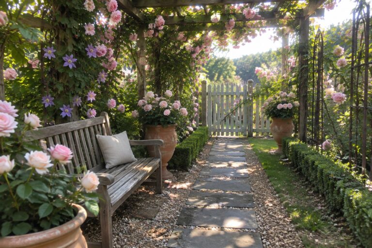 A gravel garden path with stone stepping slabs runs beneath a wooden pergola covered in pink roses, ending at a pale wooden gate.