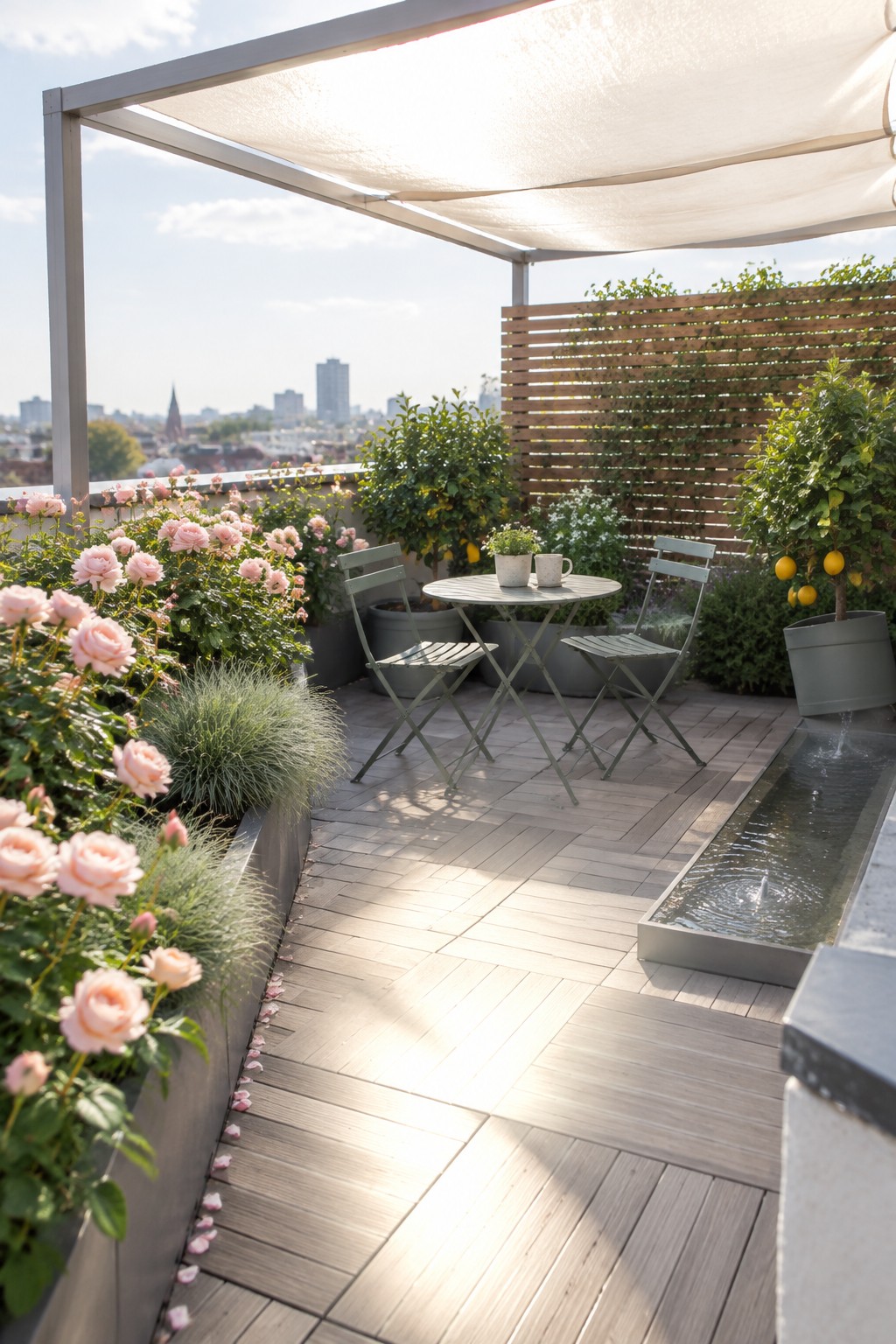 A rooftop terrace has pink roses in raised planters, a small table and chairs, a fabric shade canopy, and a narrow water feature.