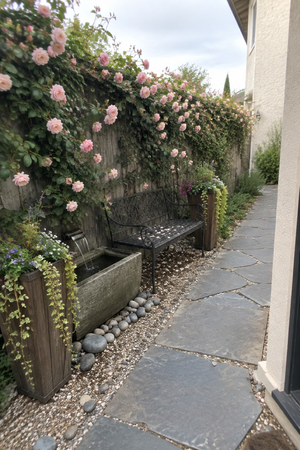 Pink climbing roses grow along a wooden fence beside a flagstone path, with a black bench and a small water feature.