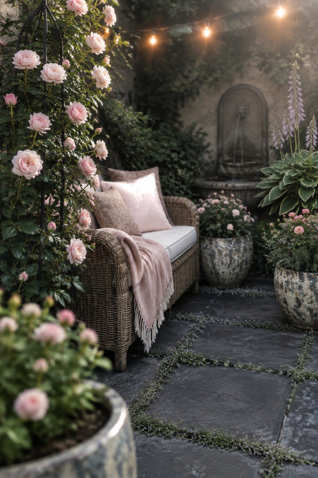 A wicker loveseat with pale cushions sits beside climbing pink roses in a small garden with stone paving and potted plants.