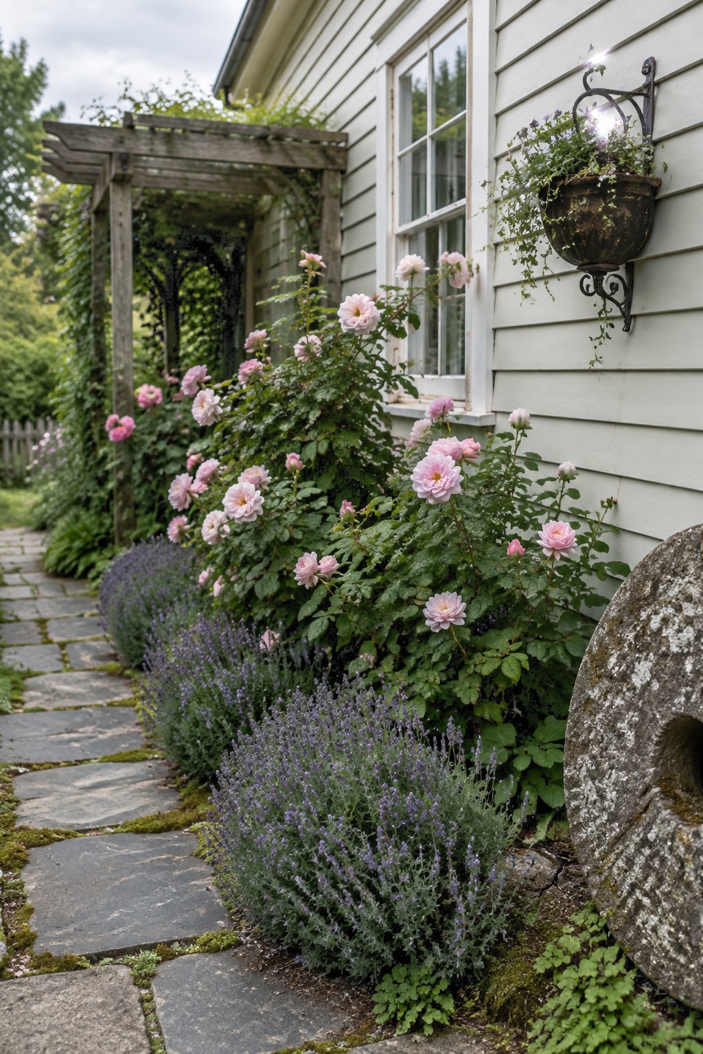 Pink roses and low purple flowers grow beside a stone path along a light-colored house.