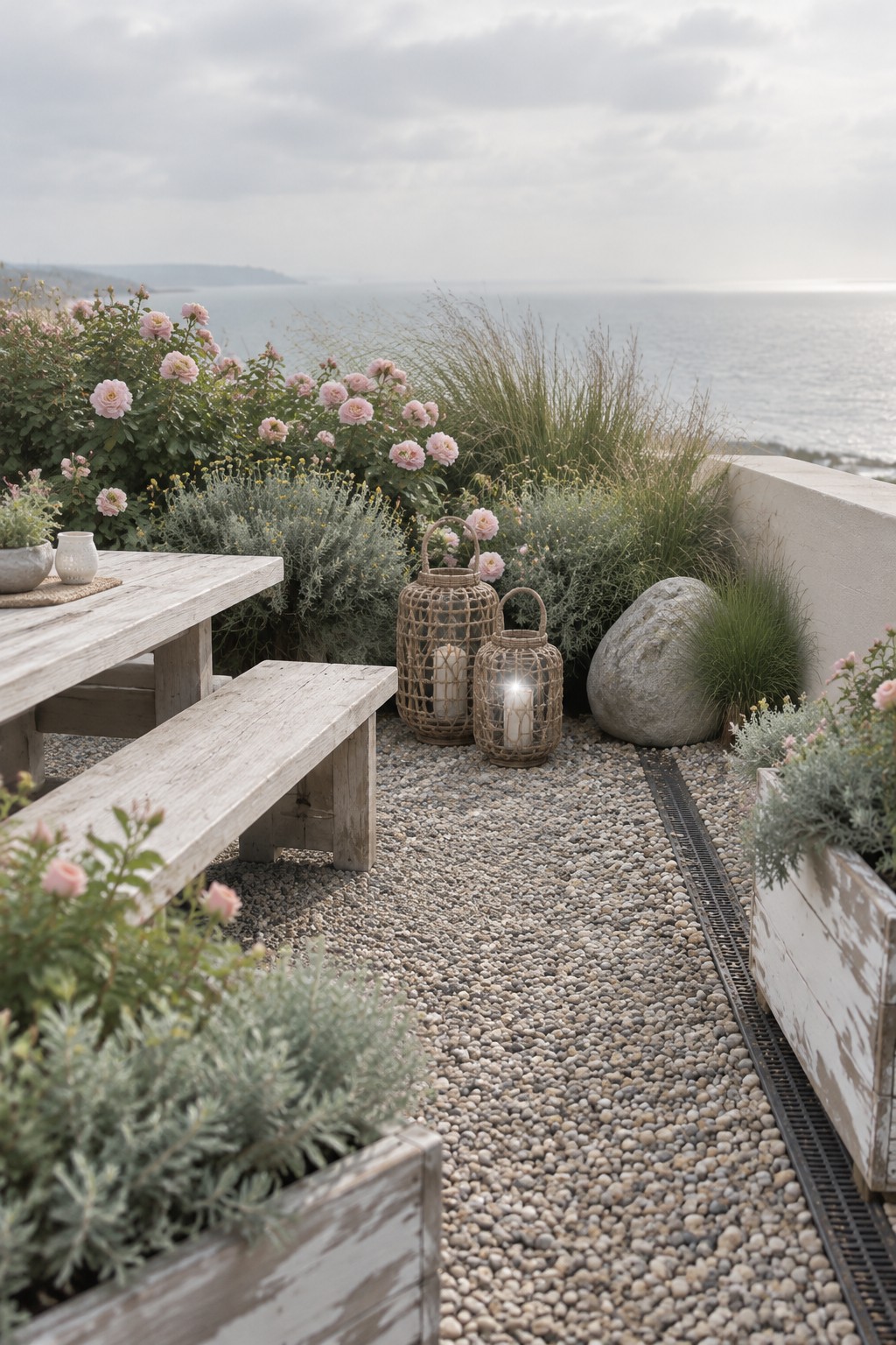 Pink roses and grasses border a pebble path beside a weathered picnic table and woven lanterns overlooking the sea.