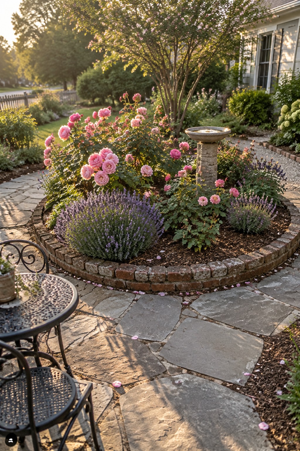 A curved brick-edged garden bed planted with pink roses and purple flowers beside a stone patio.