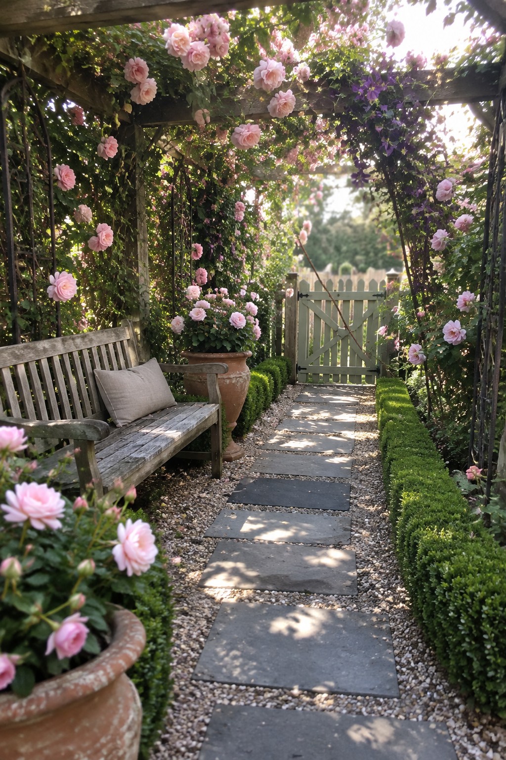 A gravel garden path with stone stepping slabs runs beneath a wooden pergola covered in pink roses, ending at a pale wooden gate.