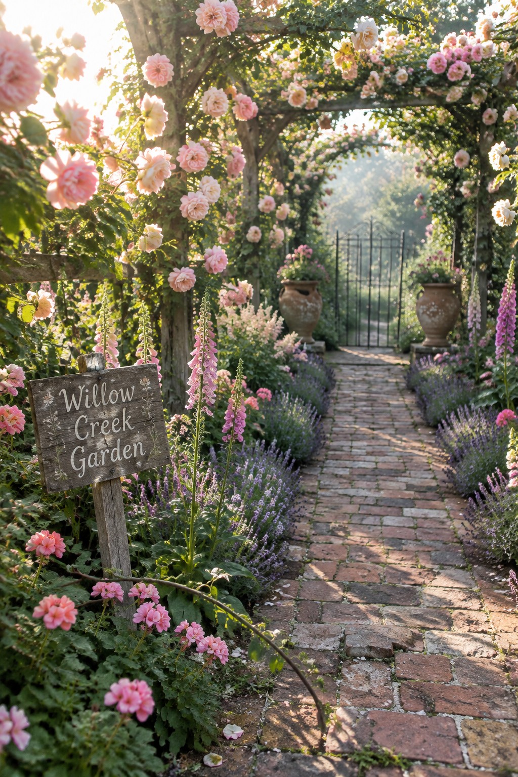 A brick path passes beneath a rose-covered wooden arbor toward a metal gate, with a sign reading “Willow Creek Garden” beside the path.