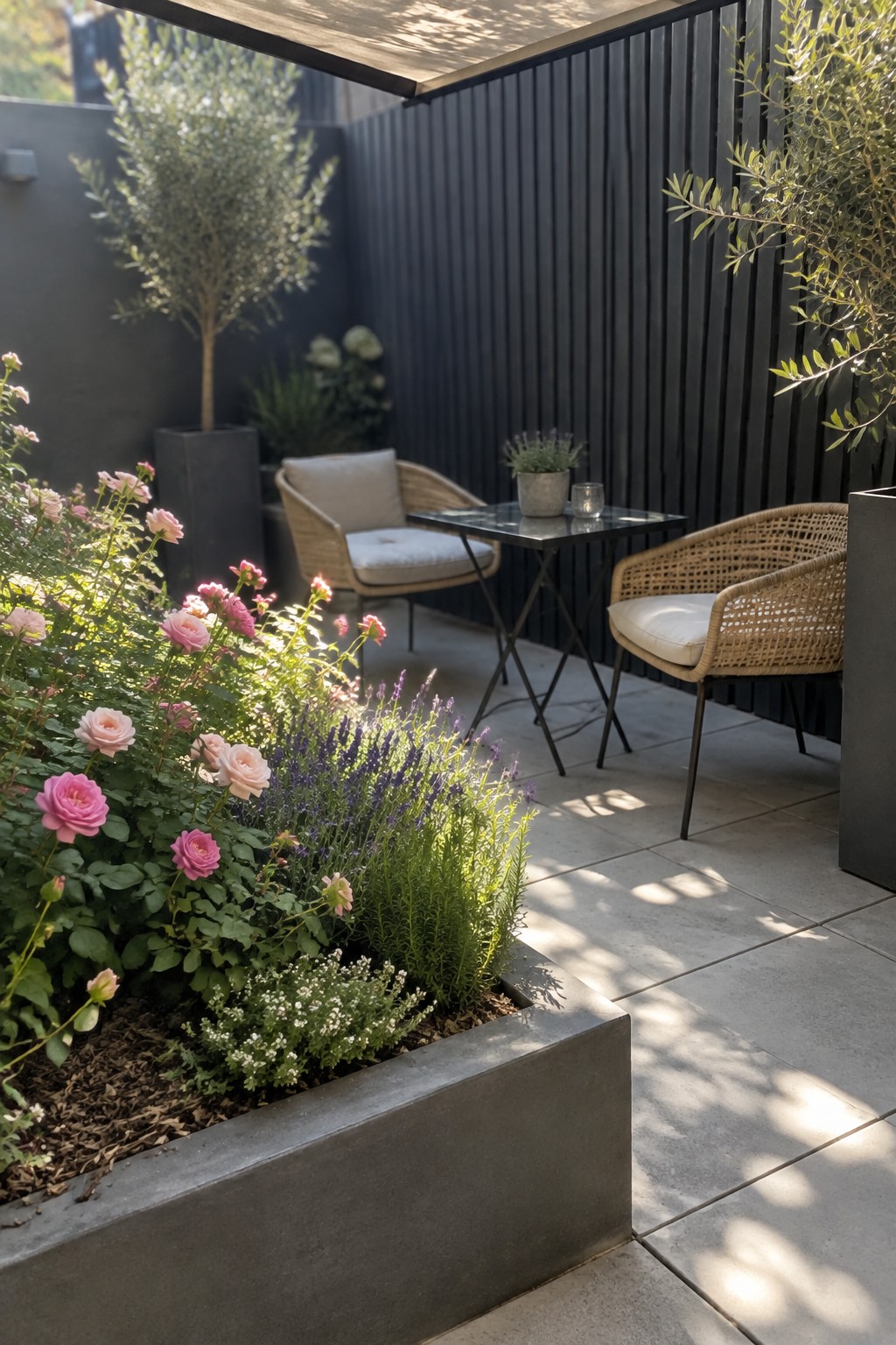 Pink roses and purple flowers grow in a raised concrete bed beside a tiled patio with two wicker chairs and a small table.