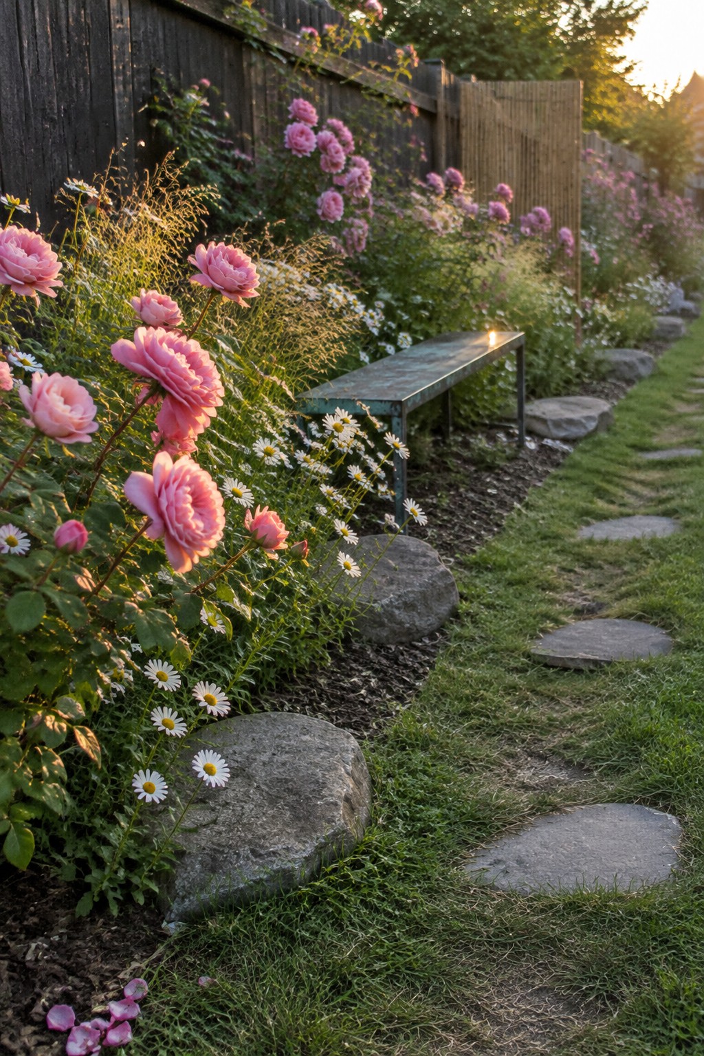 Pink roses and daisies grow beside a grass path with large stepping stones and a metal bench.