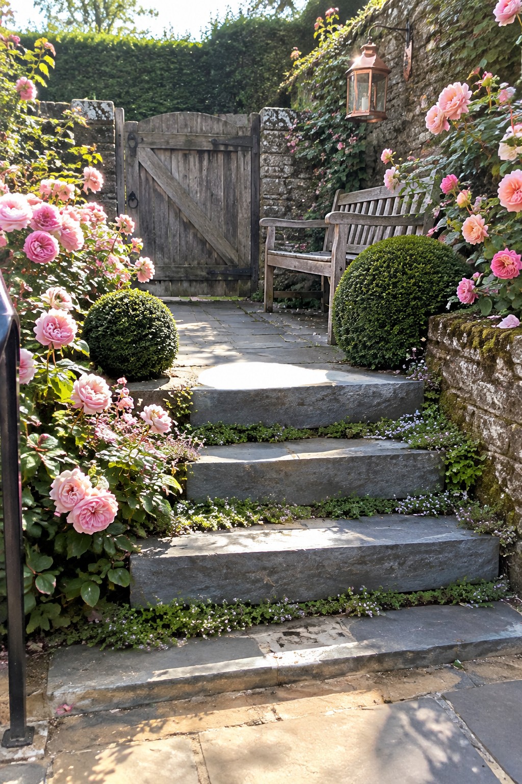 Stone steps rise through a garden lined with pink roses to a wooden gate and bench.