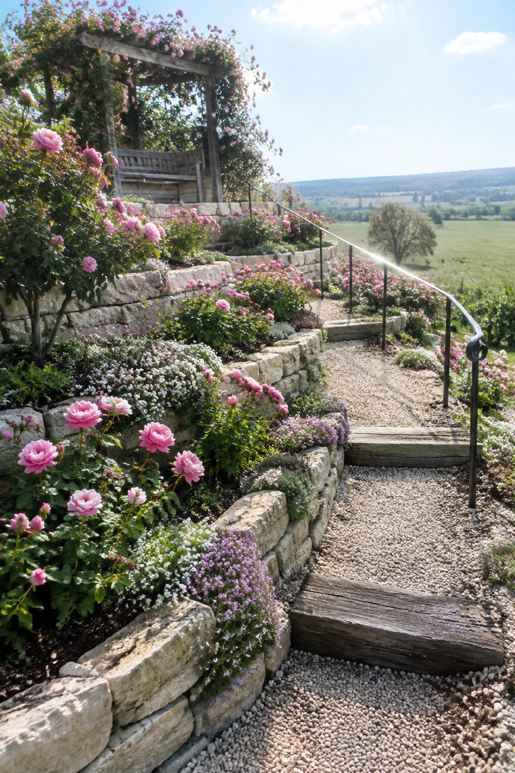 A gravel path with timber steps winds between terraced stone beds filled with pink roses and other flowers.