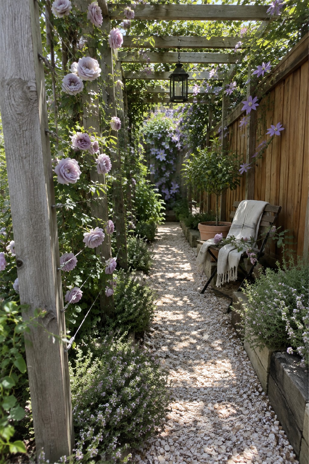 A gravel path runs beneath a wooden pergola covered with climbing roses and purple flowers, beside a wooden fence and a garden chair.