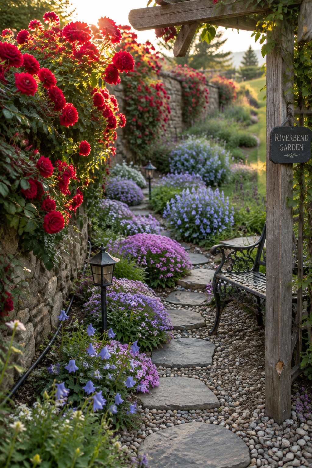 A winding stepping-stone path runs through flower beds beside a stone wall covered with red roses.