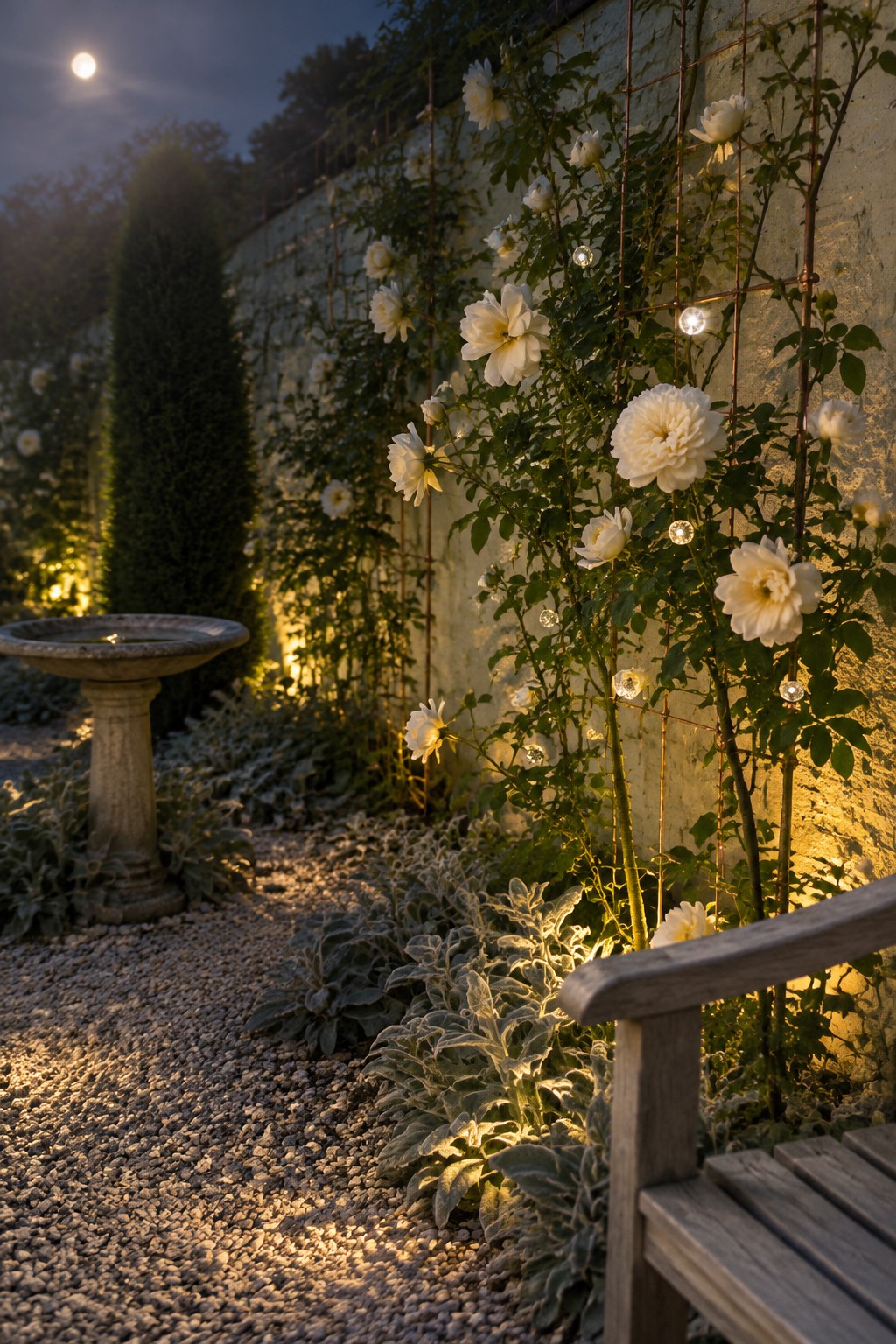 White roses climb a stone wall beside a gravel garden path, with small lights woven through the plants.