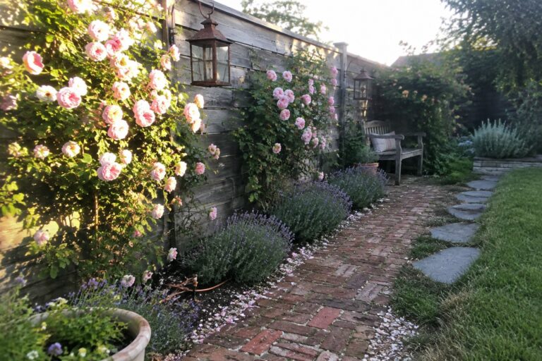 Pink roses grow along a wooden fence beside a brick garden path, lavender plants, and a wooden bench.