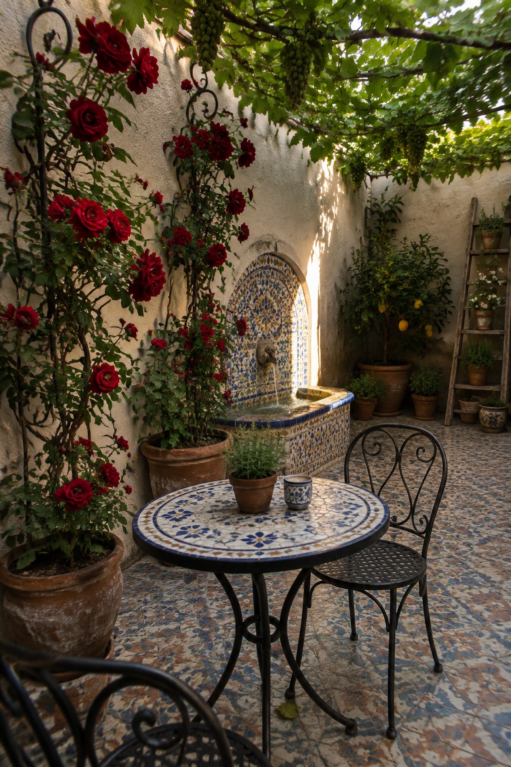 Red climbing roses grow along a pale courtyard wall beside a tiled fountain and table.