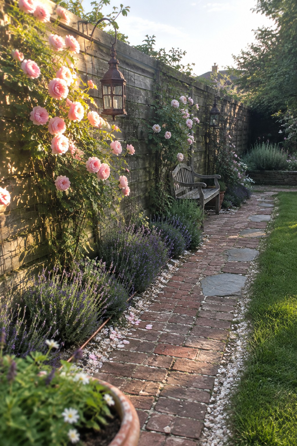 Pink roses grow along a wooden fence beside a brick garden path, lavender plants, and a wooden bench.
