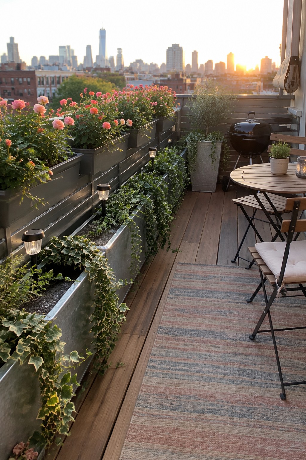 Raised metal planters filled with pink roses and trailing ivy line the edge of a wooden rooftop deck.