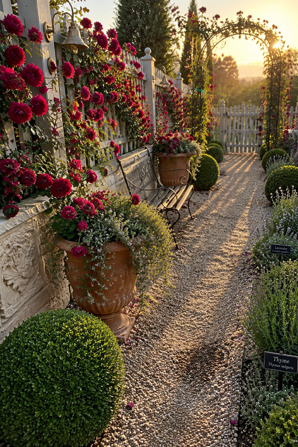 Climbing red roses cover a white garden fence beside a gravel path, bench, and potted flowers.