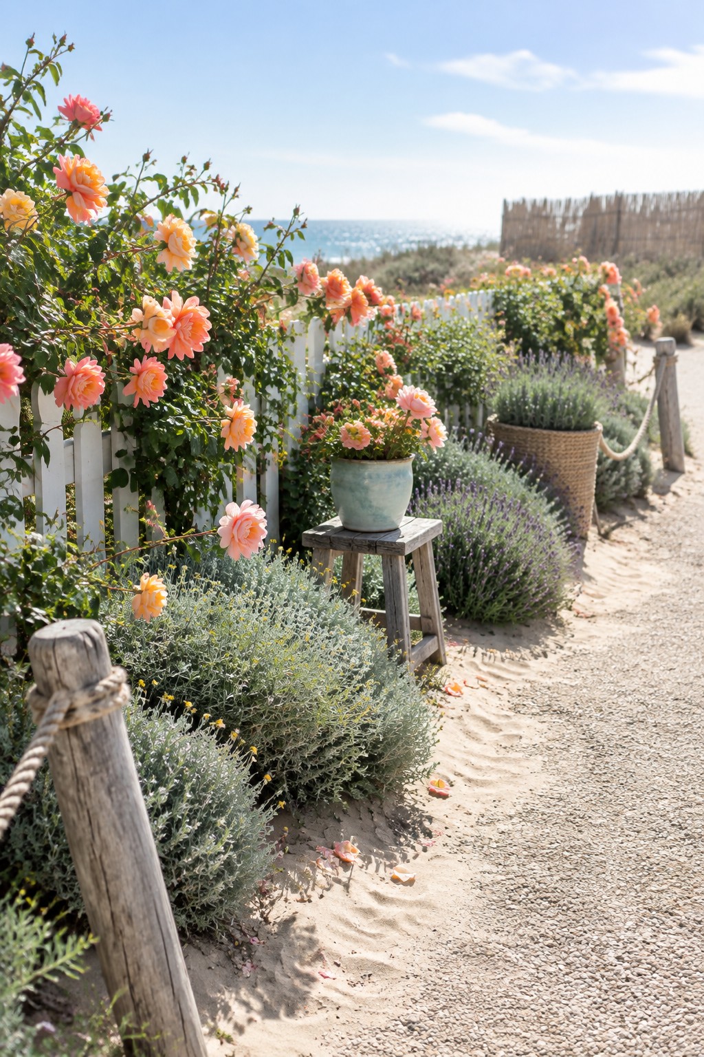 Coral and peach roses grow along a white picket fence beside a sandy garden path.