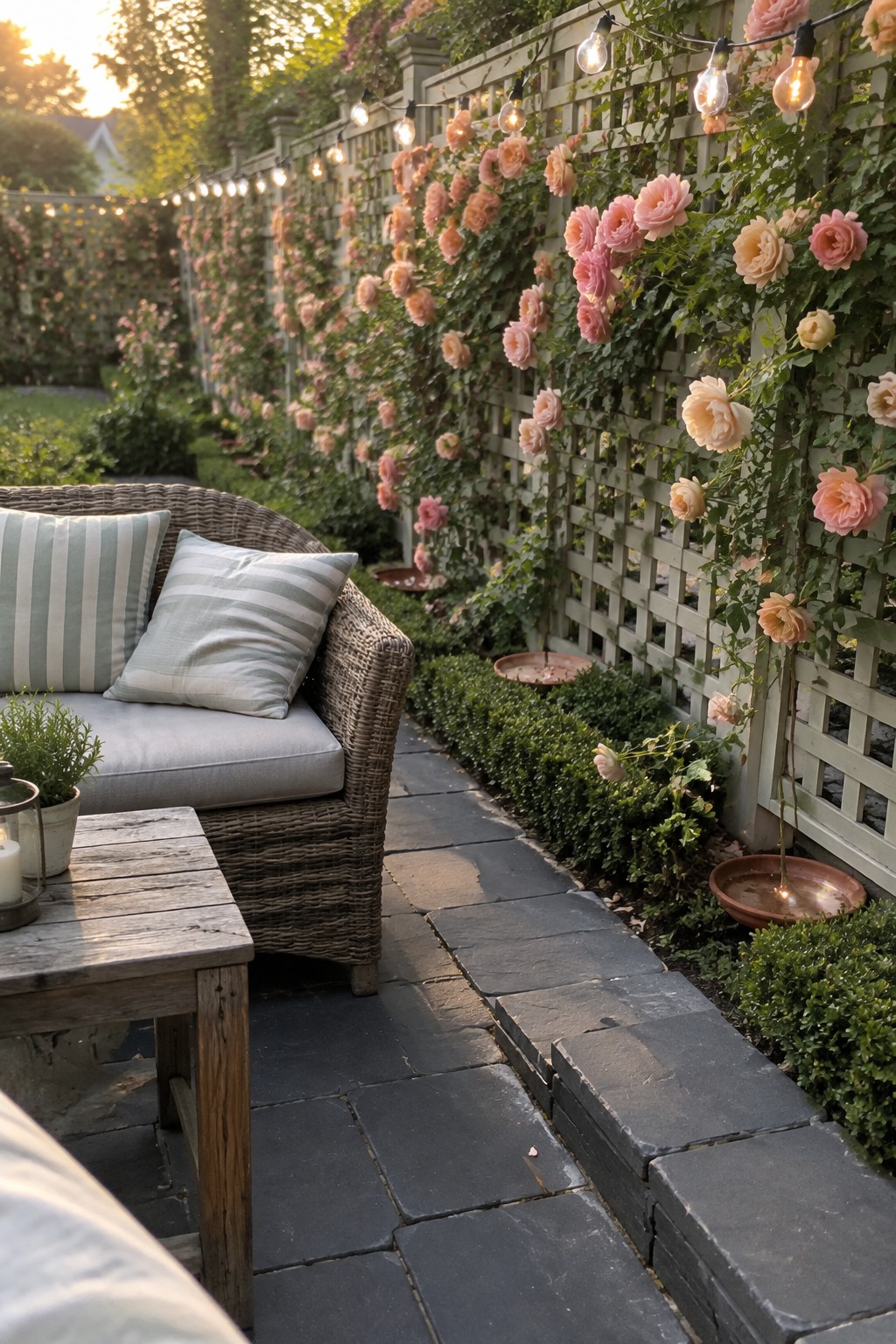 Climbing roses grow across a pale lattice fence beside a stone garden path and wicker seating.