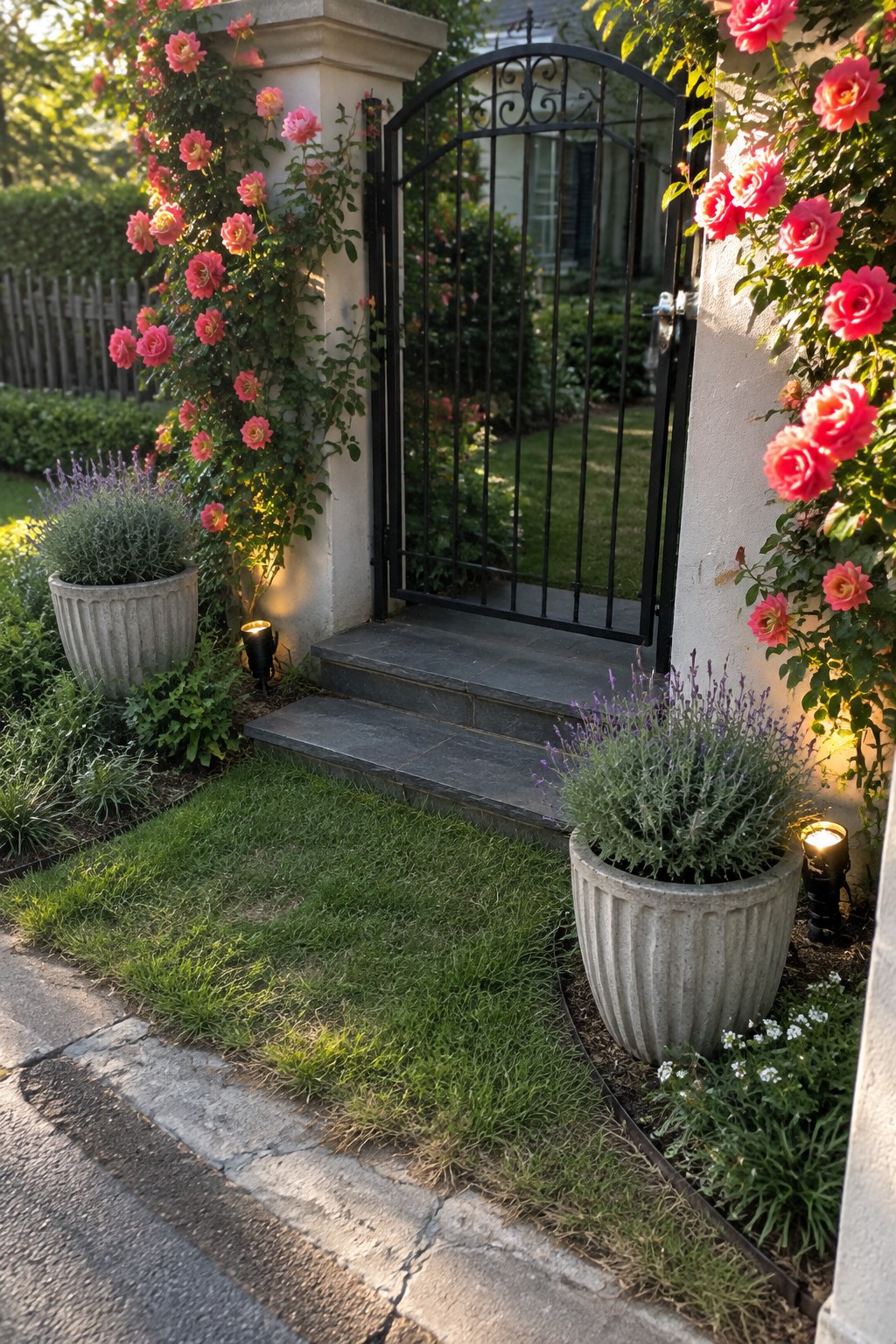 A black arched metal gate between white stucco pillars, with pink roses climbing on both sides and stone steps leading up to it.