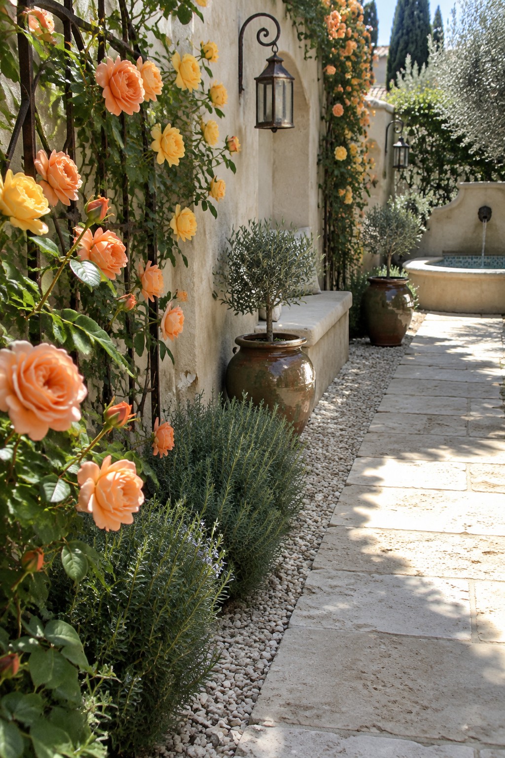 Peach and yellow roses grow on a trellis beside a stone walkway edged with white gravel.