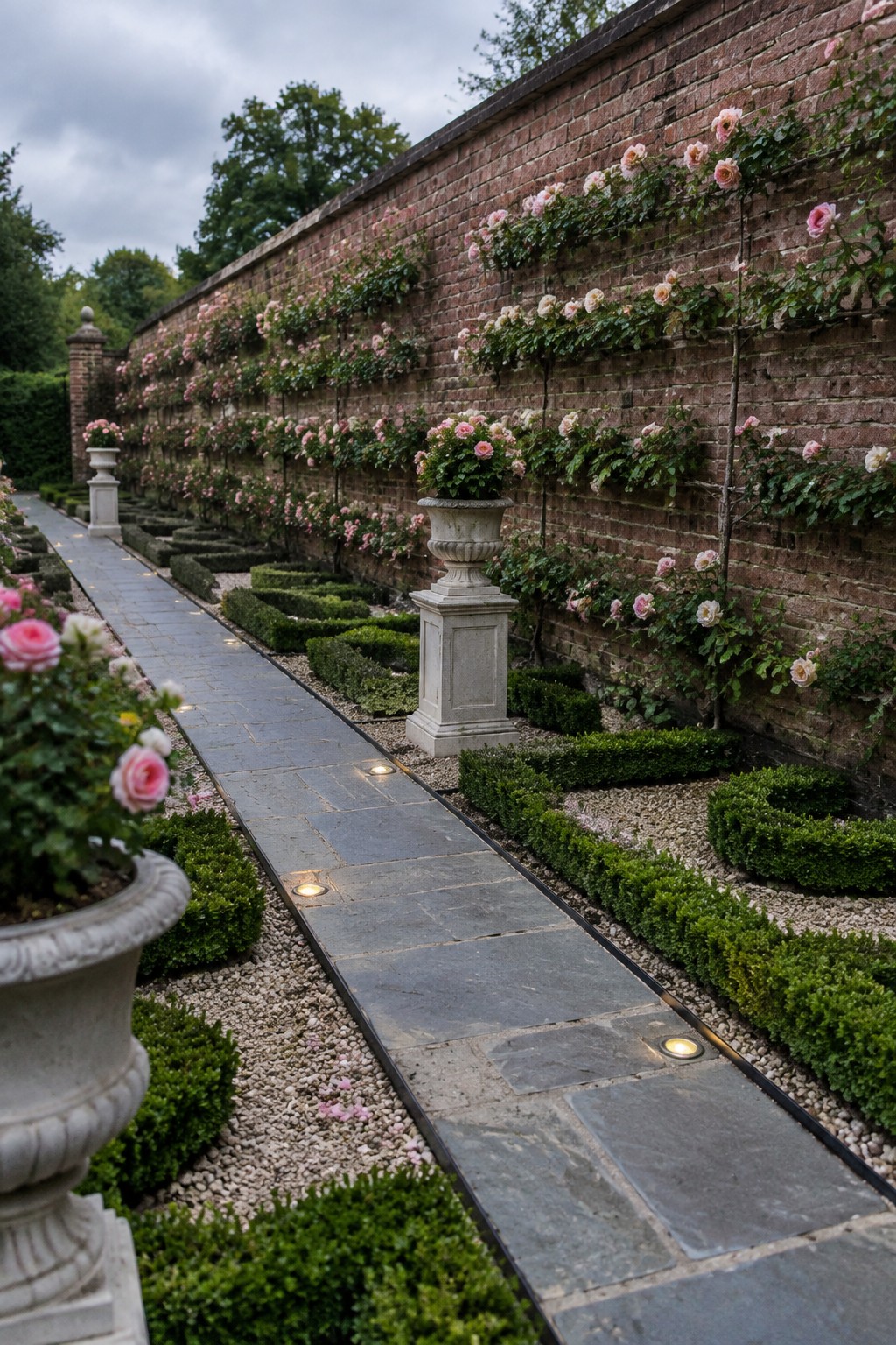 A stone path winds through clipped garden beds beside a brick wall covered in climbing roses.