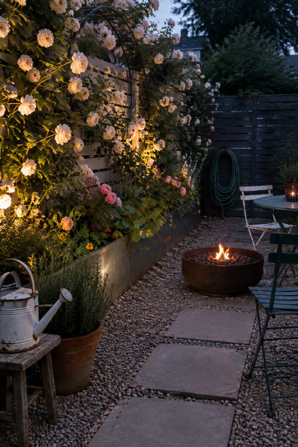 Pale roses climb a wooden fence above a raised garden bed beside a gravel path and fire pit.