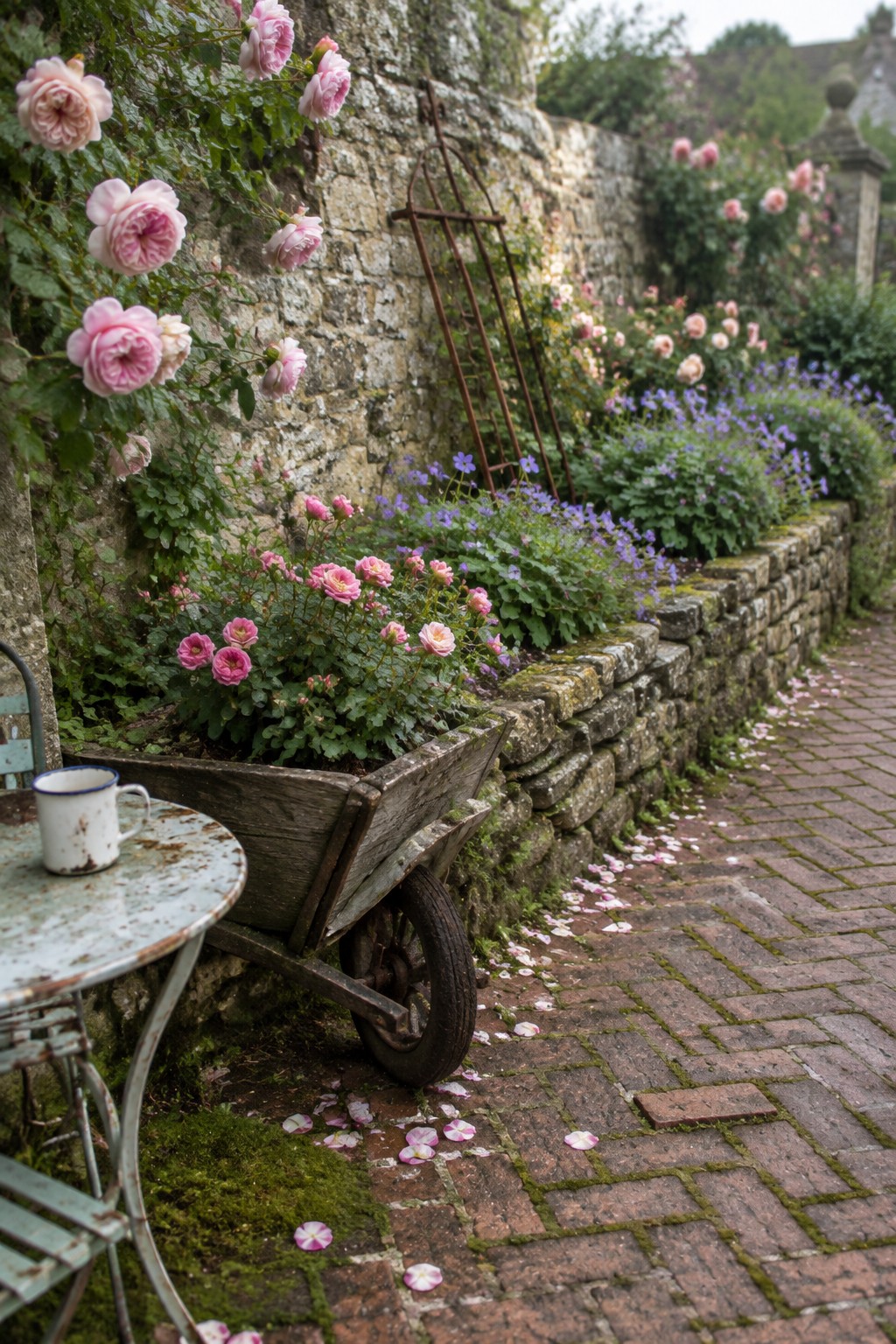 Pink roses and purple flowers grow beside a stone wall and low stone edging along a brick path.