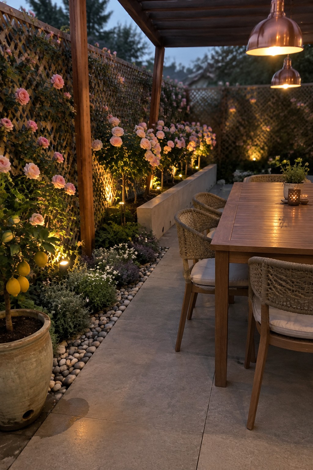 A wooden patio dining area beside a lattice fence covered in pink roses and illuminated by garden lights.