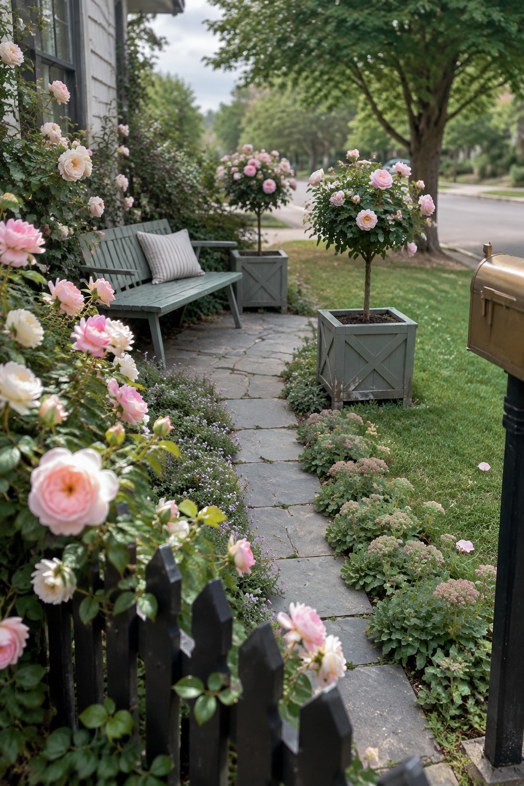 A stone path passes a bench and pink roses growing in square planters beside a garden fence.