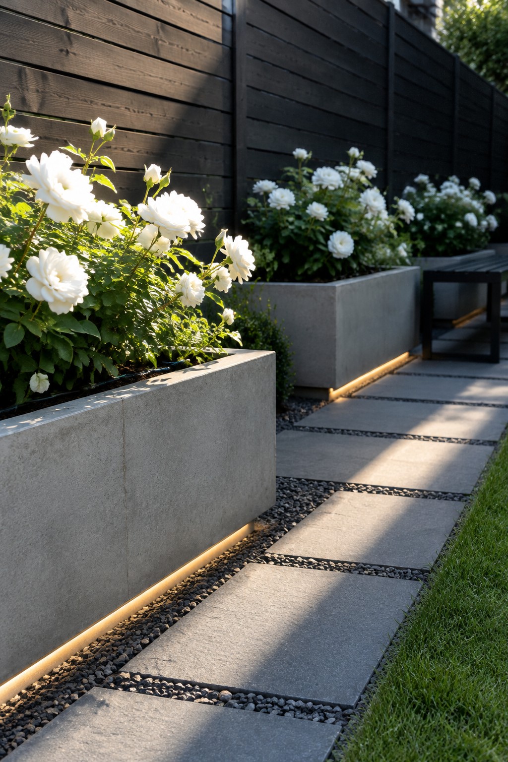White roses grow in raised concrete planters beside a dark wooden fence and a path of large stepping stones.