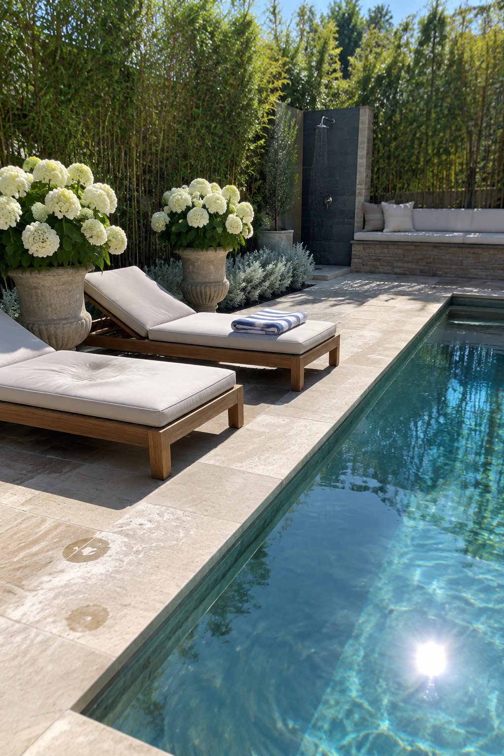White hydrangeas in stone pots beside a pool with cushioned wooden loungers and a tiled outdoor shower.