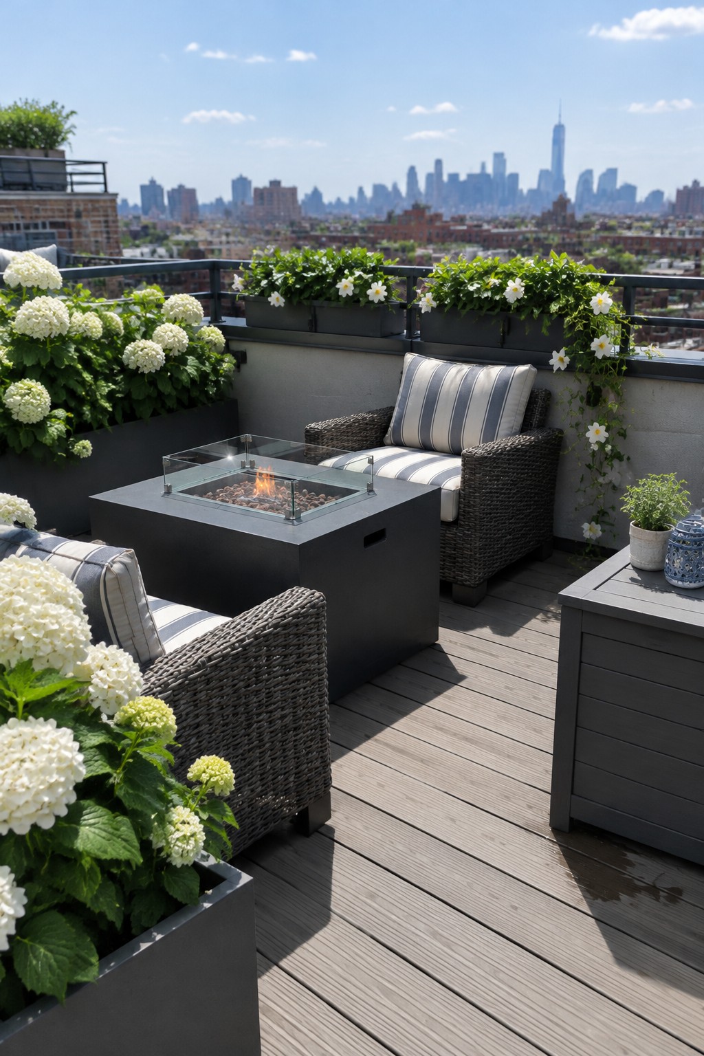 White hydrangeas in planters surround wicker chairs and a fire table on a rooftop deck overlooking a city skyline.