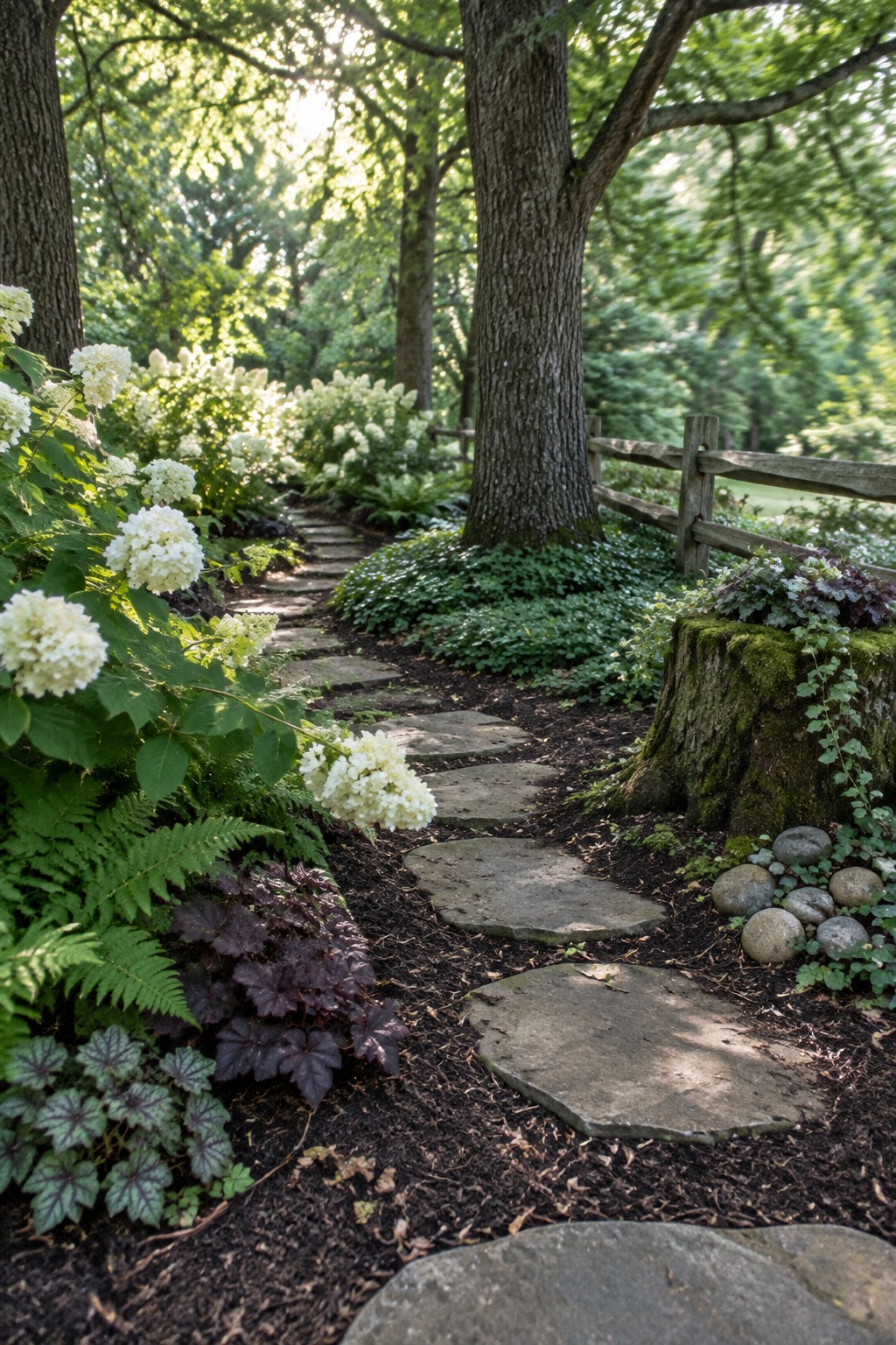 Irregular stone stepping stones wind through a shaded garden beside white hydrangeas, ferns, and a wooden fence.