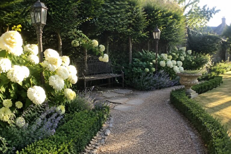 21 White Hydrangea Landscaping Ideas for an Elegant Garden A curved gravel garden path with stepping stones runs past white hydrangeas, trimmed shrubs, and a metal bench.