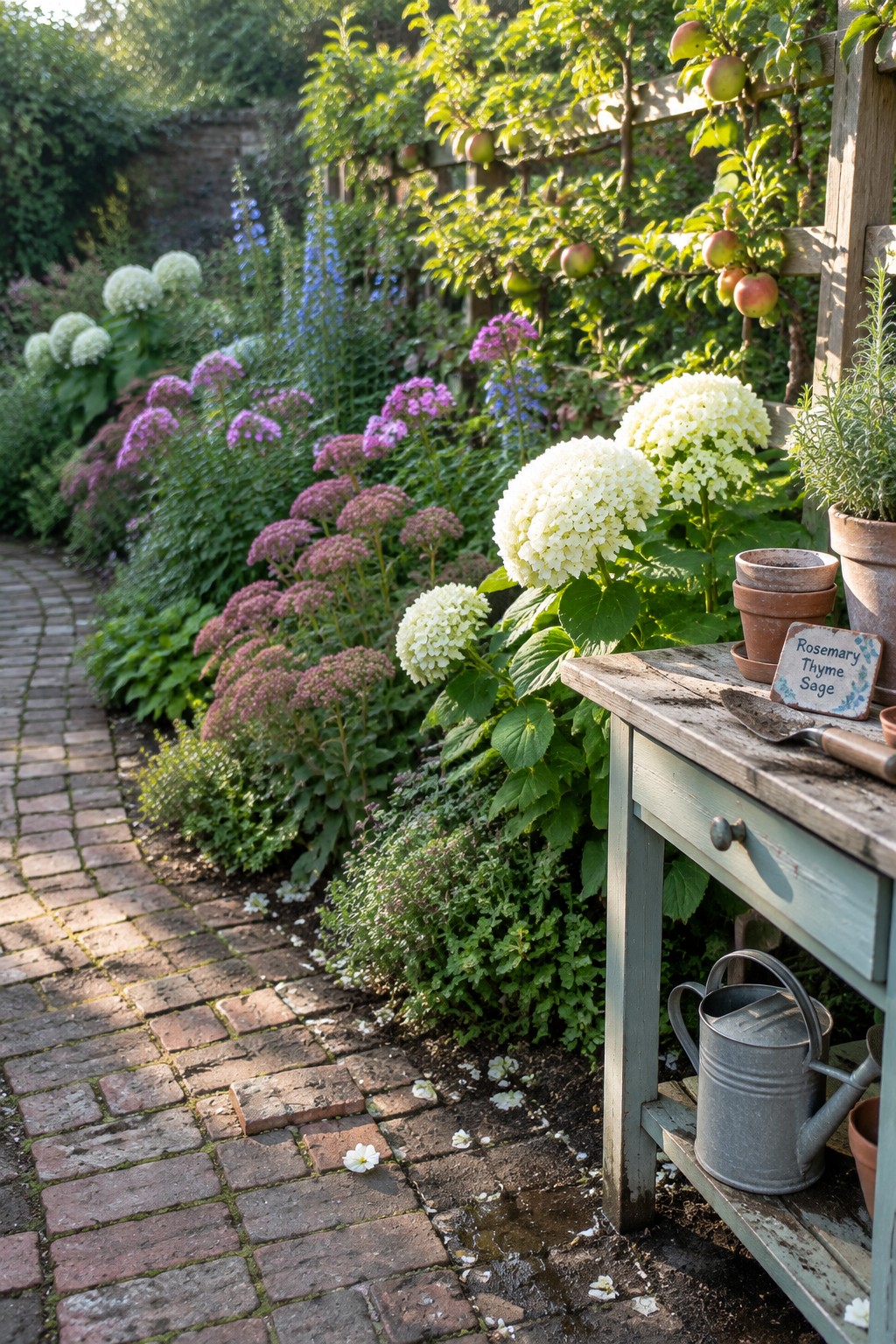 White hydrangeas grow beside a brick garden path, with purple flowers and apple trees behind them.