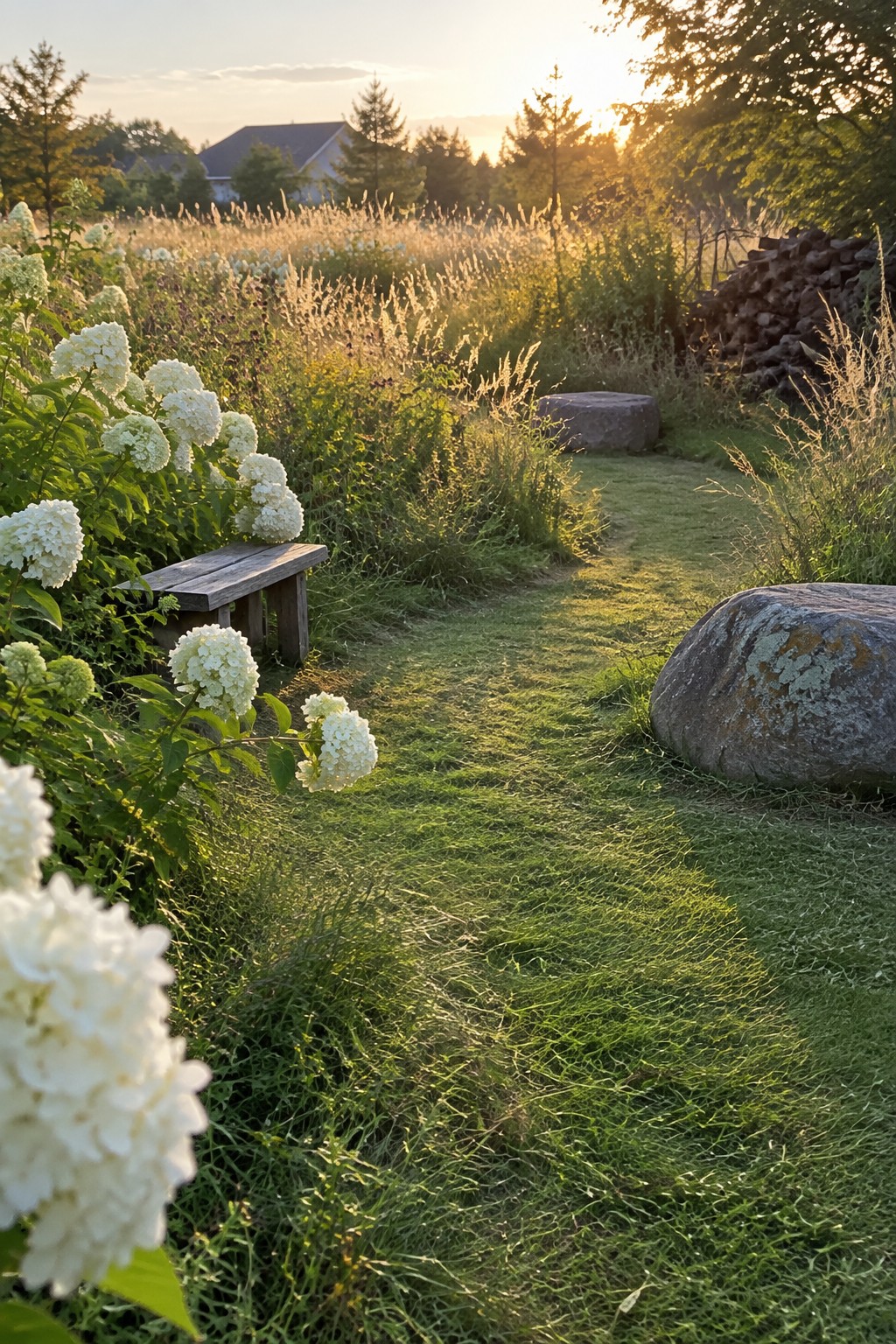 A mown grass path runs through tall garden planting beside white hydrangeas, a wooden bench, and large stones.
