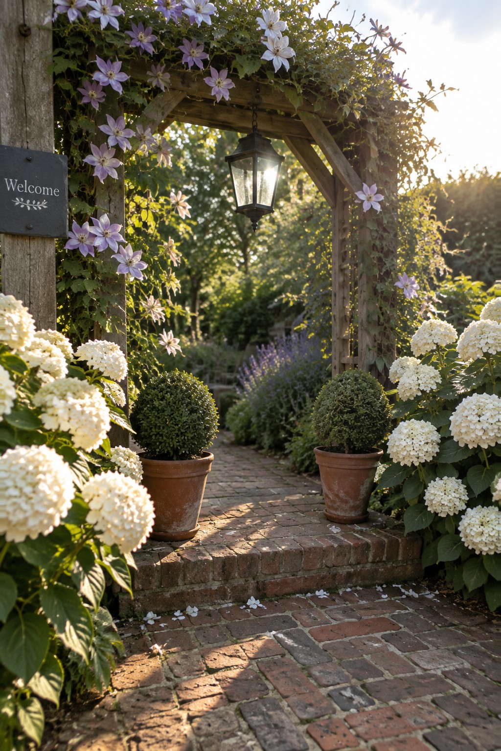 A wooden garden arch covered in purple and white flowers stands above a brick path bordered by white hydrangeas.