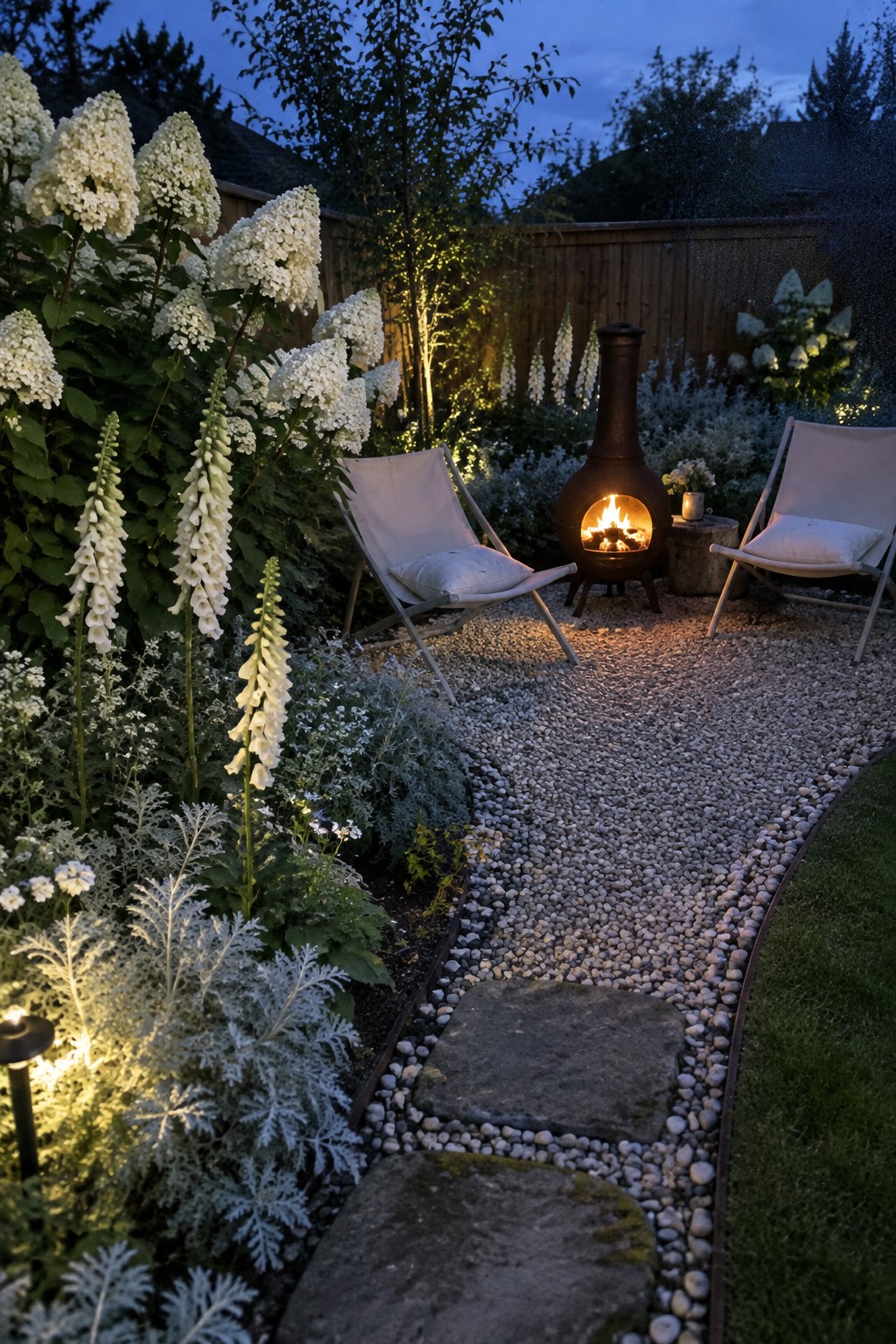 White hydrangeas and foxgloves grow beside a gravel path leading to two chairs and a lit chiminea.