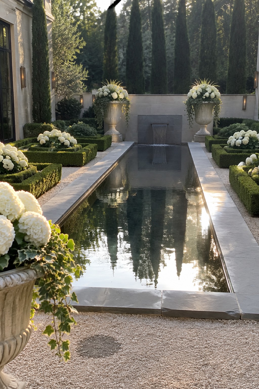 White hydrangeas grow in clipped boxwood beds beside a narrow reflecting pool, with two large flower urns at the far end.