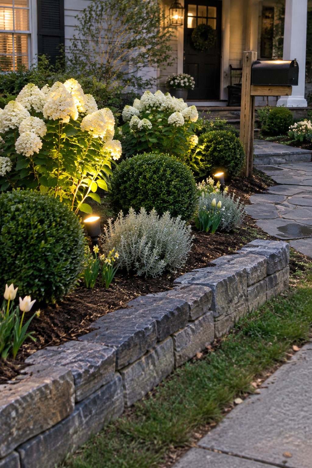 White hydrangeas and clipped shrubs grow in a raised stone-edged bed beside a flagstone walkway.